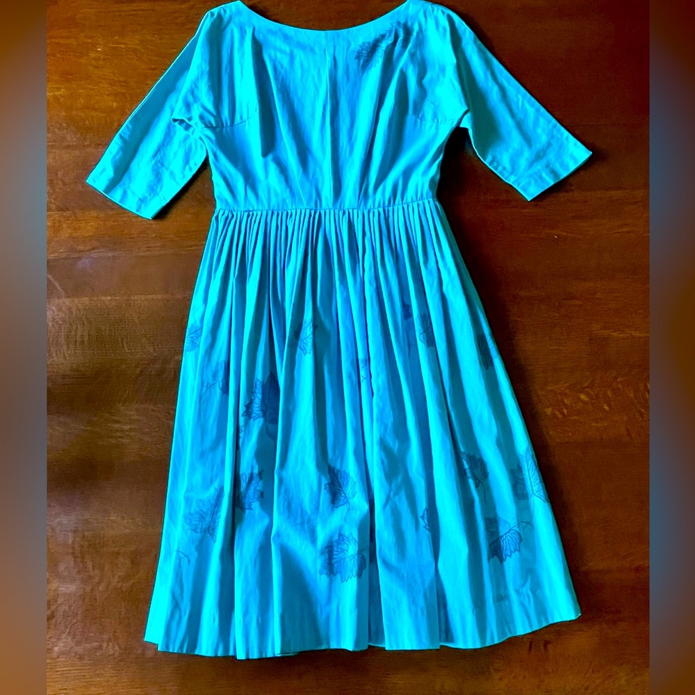 Vintage Turquoise Dress with Leaf Pattern-Slightly Damaged